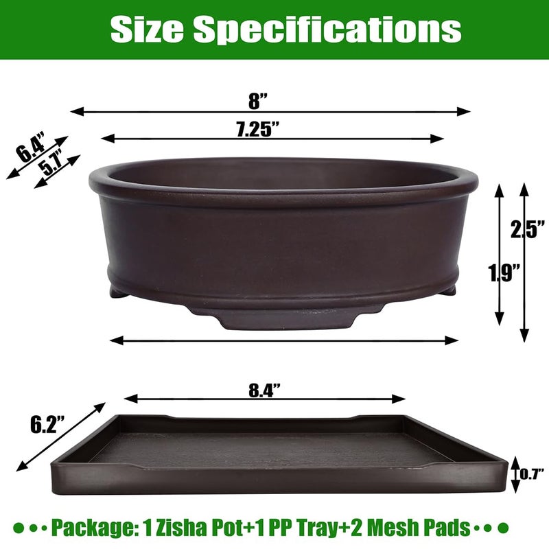 MUZHI Unglazed Natural Clay Bonsai Pot with Drip Tray, Oval Vintage Bonsai Tree Planter with Drainage for Bonsai Training Succulent Arrangement (Oval) - Image 2