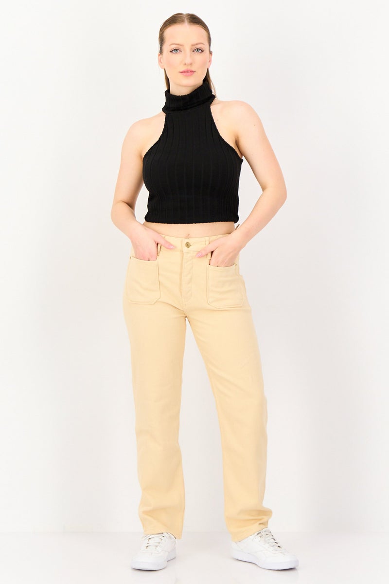 Reiko Women Regular Fit Solid Straight Leg Pants, Baige - Image 4