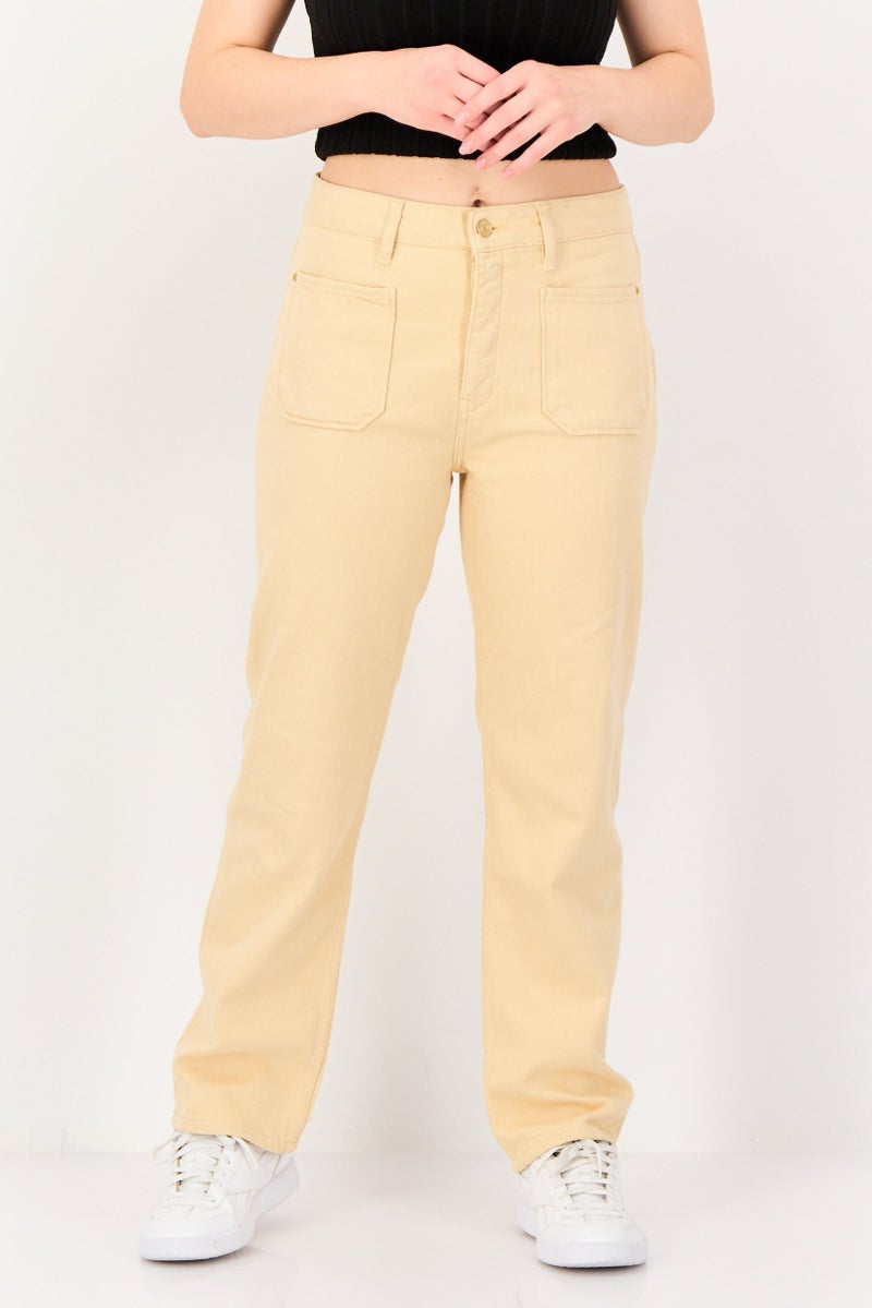 Reiko Women Regular Fit Solid Straight Leg Pants, Baige - Image 1