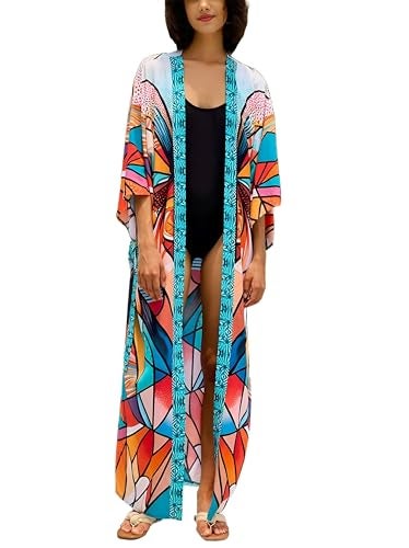 IMAGEKOPE Women’s Kimono Cover Up Long Beach Dress Swimsuit Cover Ups Colorful Cardigan Lightweight Robe for Swimwear - Image 1