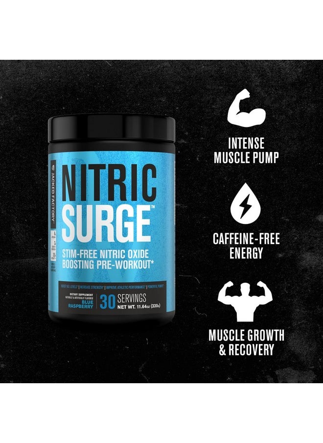 جاكيد فاكتوري مسحوق ما قبل التمرين Nitric Surge Stim Free - مكمل أكسيد النيتريك الخالي من الكافيين مع الكرياتين Con-Cret وL Citrulline وGlycerSize Glycerol لضخ الدم وترطيب العضلات - توت أزرق، 30 وجبة  - Image 3
