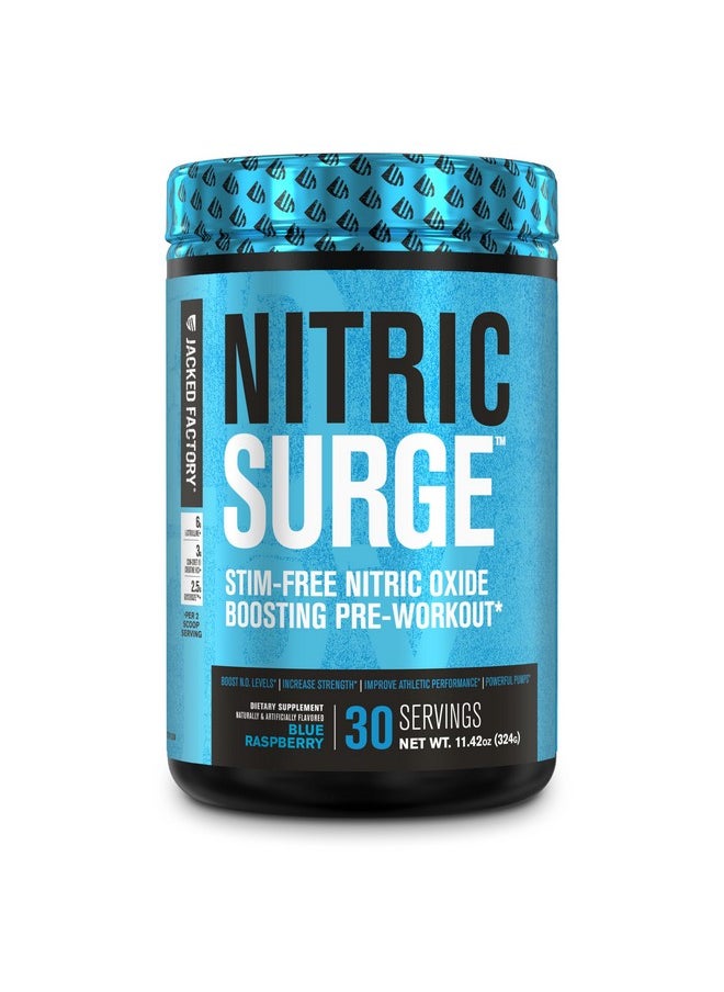 جاكيد فاكتوري مسحوق ما قبل التمرين Nitric Surge Stim Free - مكمل أكسيد النيتريك الخالي من الكافيين مع الكرياتين Con-Cret وL Citrulline وGlycerSize Glycerol لضخ الدم وترطيب العضلات - توت أزرق، 30 وجبة  - Image 1