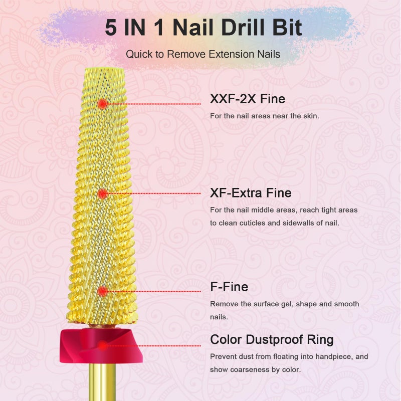 Depvko Super Long 5 in 1 Nail Drill Bits, 3/32'' Carbide Tungsten Bits, Two Way Rotate Professional Advanced Safety Bits for Nail, Fast Remove for Manicure Pedicure (Long 5in1-Gold, Fine-F) - Image 4