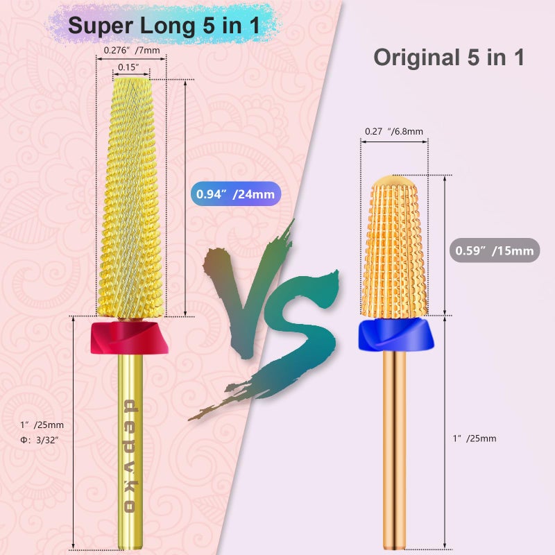 Depvko Super Long 5 in 1 Nail Drill Bits, 3/32'' Carbide Tungsten Bits, Two Way Rotate Professional Advanced Safety Bits for Nail, Fast Remove for Manicure Pedicure (Long 5in1-Gold, Fine-F) - Image 3