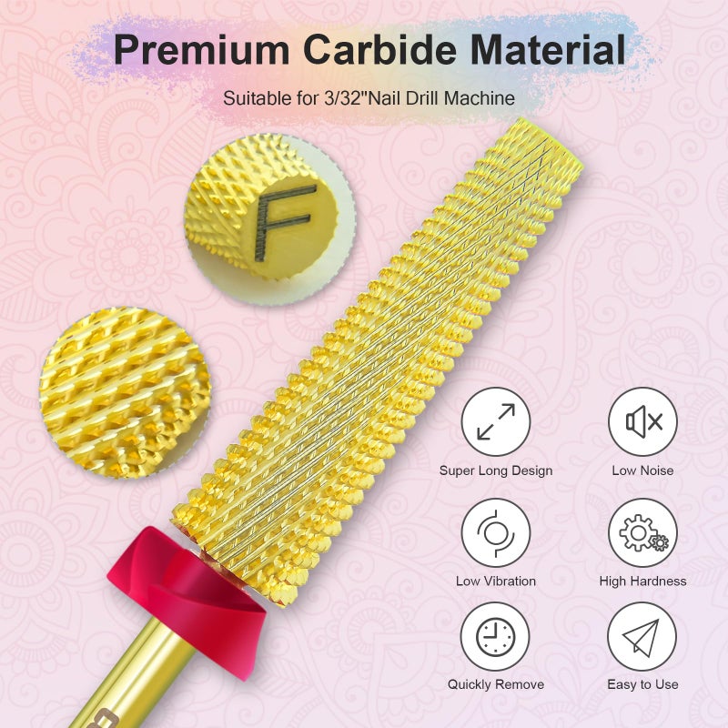 Depvko Super Long 5 in 1 Nail Drill Bits, 3/32'' Carbide Tungsten Bits, Two Way Rotate Professional Advanced Safety Bits for Nail, Fast Remove for Manicure Pedicure (Long 5in1-Gold, Fine-F) - Image 2