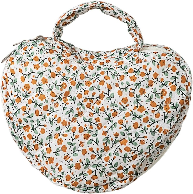 Portable Quilted Heart Shape Makeup Bag with Storage Space Decorative Florals Pattern Cosmetic Organizers Storage Travel Bag - Image 1