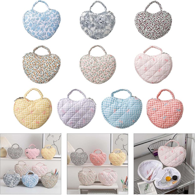 Portable Quilted Heart Shape Makeup Bag with Storage Space Decorative Florals Pattern Cosmetic Organizers Storage Travel Bag - Image 2