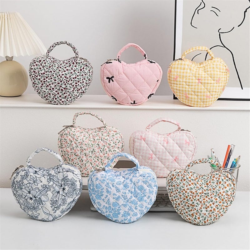 Portable Quilted Heart Shape Makeup Bag with Storage Space Decorative Florals Pattern Cosmetic Organizers Storage Travel Bag - Image 3