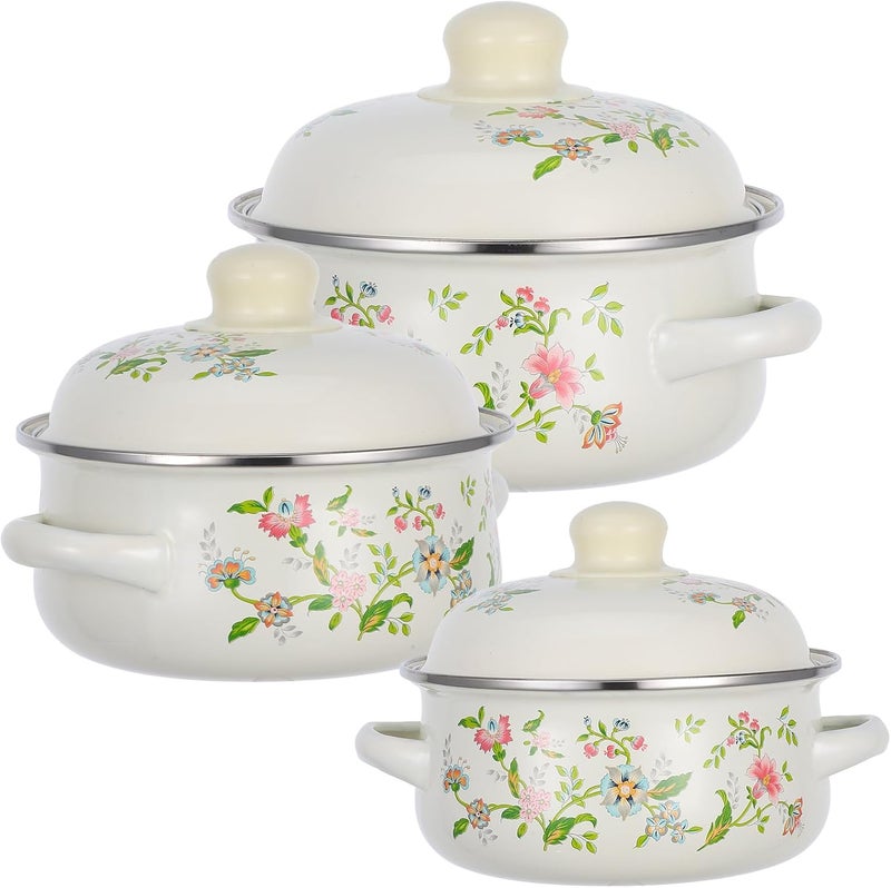 Enamelware Mini Soup Pot Set 3pcs (16-18-20cm) Purple Floral Enameled Steel Saucepan with Lid, Flat Bottom Stew Pot for Gas Stove Kitchen Cooking - Image 1