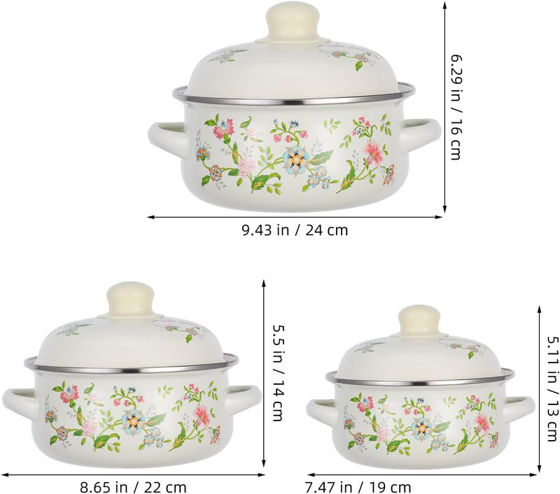 Enamelware Mini Soup Pot Set 3pcs (16-18-20cm) Purple Floral Enameled Steel Saucepan with Lid, Flat Bottom Stew Pot for Gas Stove Kitchen Cooking - Image 2