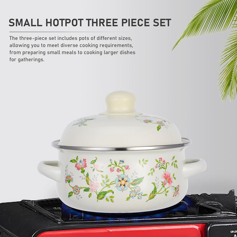 Enamelware Mini Soup Pot Set 3pcs (16-18-20cm) Purple Floral Enameled Steel Saucepan with Lid, Flat Bottom Stew Pot for Gas Stove Kitchen Cooking - Image 3