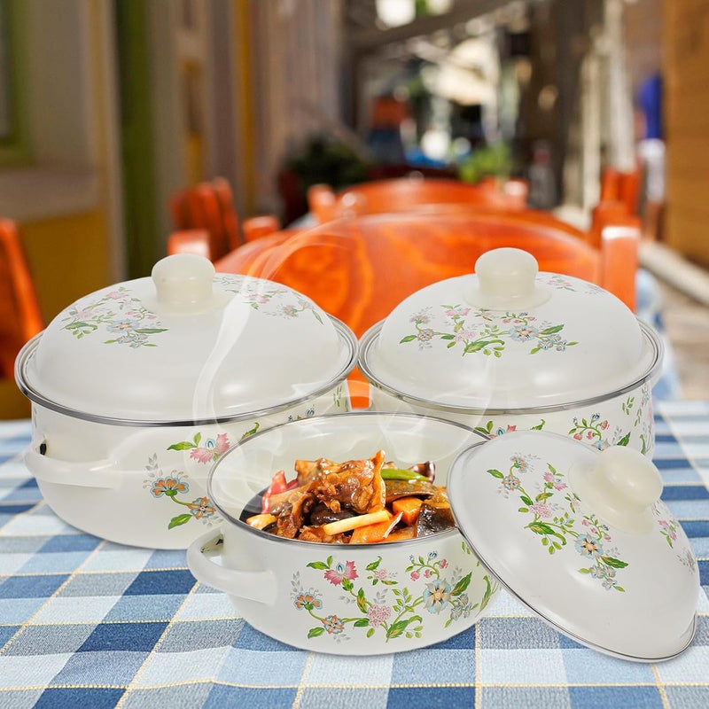 Enamelware Mini Soup Pot Set 3pcs (16-18-20cm) Purple Floral Enameled Steel Saucepan with Lid, Flat Bottom Stew Pot for Gas Stove Kitchen Cooking - Image 4