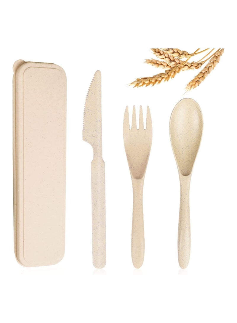 MahMir Reusable Wheat Straw Cutlery Spoon Knife Fork Tableware set Travel Utensils Set with Case Eco Friendly BPA Free Cutlery for Kids and Adults as Travel Picnic Camping Utensils  ( Beige ) - Image 1