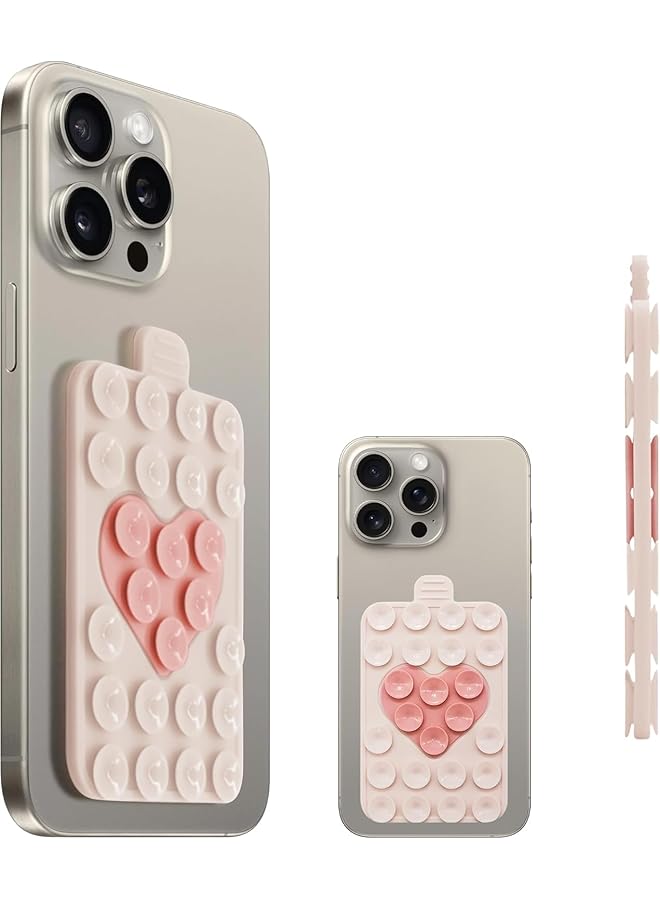 S-TOP Two-Color Built in Heart Design Double Sided Silicone Suction Cups Phone Mount, Compatible for All Cellphones, Hands-Free Strong Grip Holder, for Videos & Selfies (Light Pink and Lotus Root Pink) - Image 1