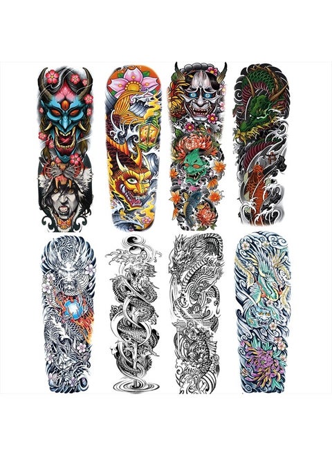 Fake Dragon Sleeve Tattoo Stickers, Full Arm Dragon Temporary Tattoos Sleeves for Adult Kids Women Makeup,8-Sheet