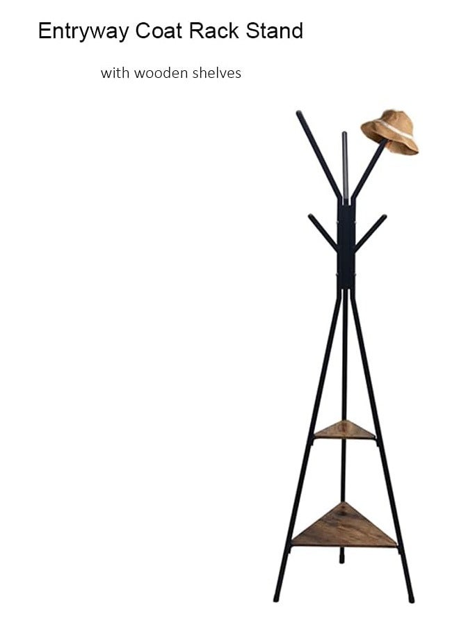 Loquat Freestanding Coat Rack with 6 Hooks and 2-Tier Storage Shelves – Vintage Black Hall Tree Stand for Jackets, Scarves, Umbrellas - Image 2