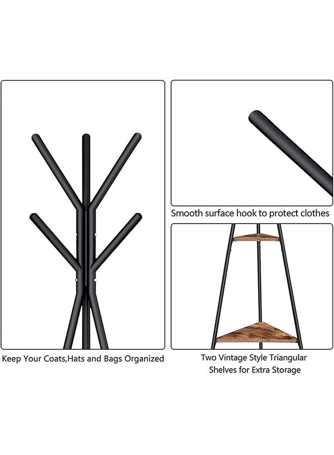 Loquat Freestanding Coat Rack with 6 Hooks and 2-Tier Storage Shelves – Vintage Black Hall Tree Stand for Jackets, Scarves, Umbrellas - Image 3