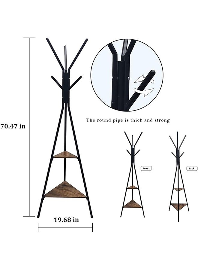 Loquat Freestanding Coat Rack with 6 Hooks and 2-Tier Storage Shelves – Vintage Black Hall Tree Stand for Jackets, Scarves, Umbrellas - Image 4