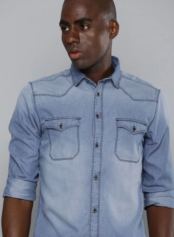 شركة المرآب الهندية Men Slim Fit Solid Full Sleeves Cutaway Collar Double Flap Pocket Casual Denim Shirt