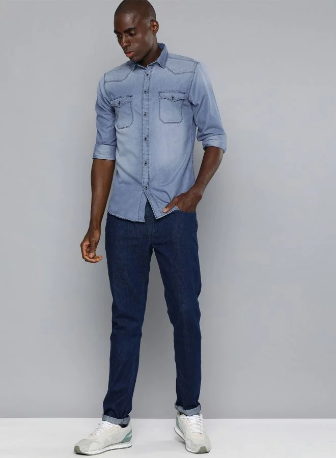 شركة المرآب الهندية Men Slim Fit Solid Full Sleeves Cutaway Collar Double Flap Pocket Casual Denim Shirt