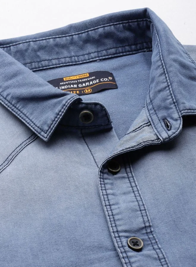 شركة المرآب الهندية Men Slim Fit Solid Full Sleeves Cutaway Collar Double Flap Pocket Casual Denim Shirt