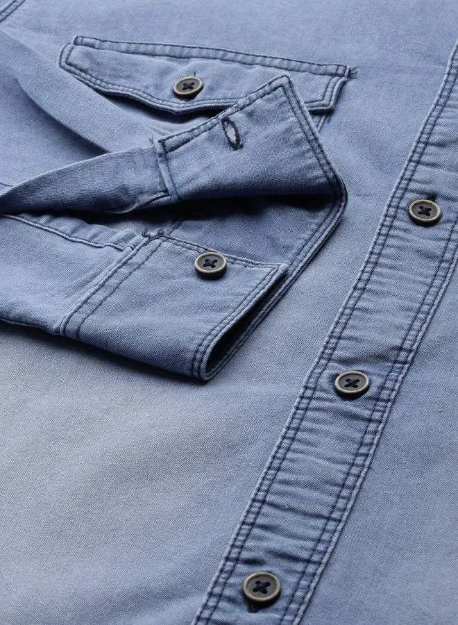 شركة المرآب الهندية Men Slim Fit Solid Full Sleeves Cutaway Collar Double Flap Pocket Casual Denim Shirt