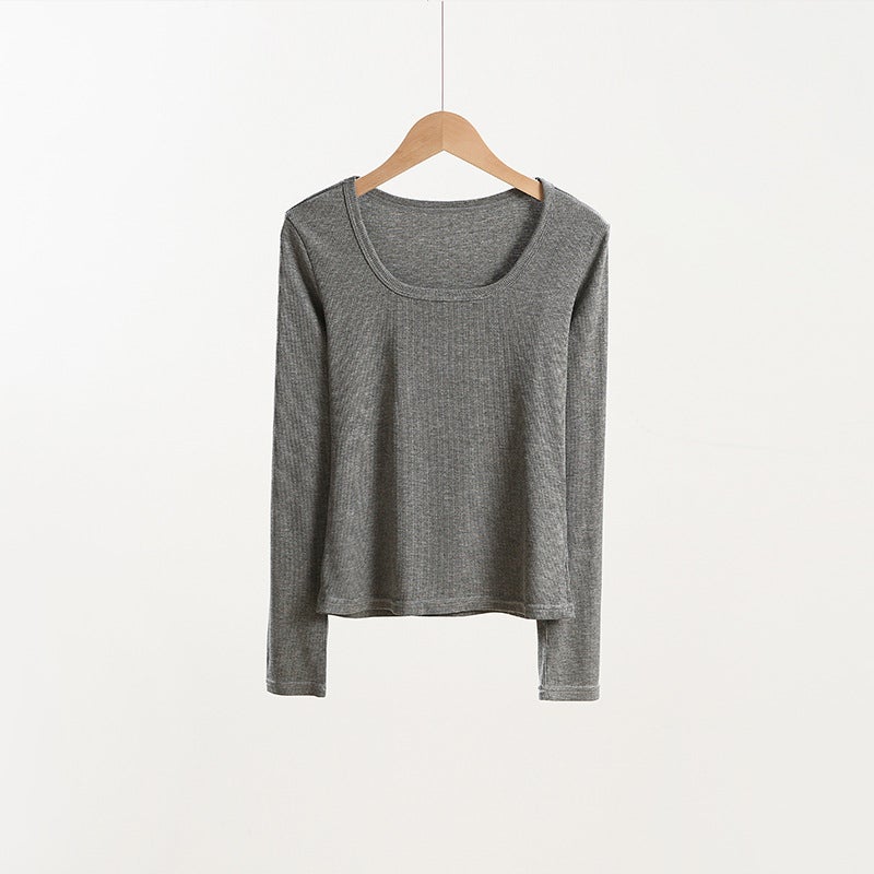 Threaded Modal Short Square Collar Base Shirt Women's All-match Autumn Clothes Slim-fit Styish White Long-sleeved T-shirt - Image 1