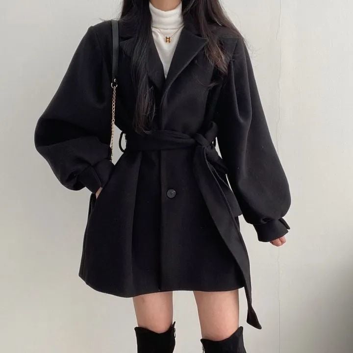 Korean Style Strap Elegant Small Men'S Dress Collar Hepburn Style Mid-Length Woolen Women'S Coat Coat Women - Image 2
