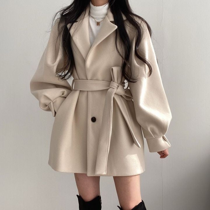 Korean Style Strap Elegant Small Men'S Dress Collar Hepburn Style Mid-Length Woolen Women'S Coat Coat Women - Image 3