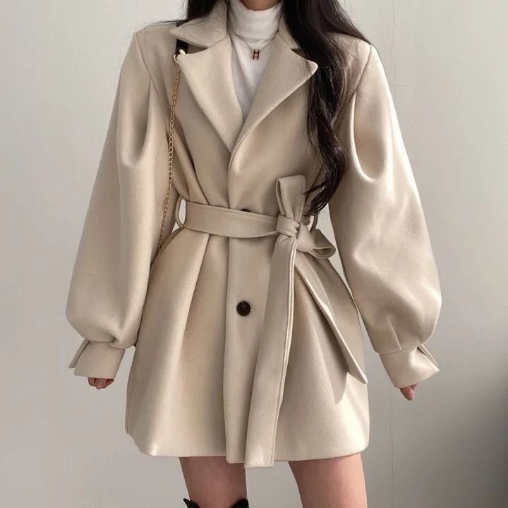 Korean Style Strap Elegant Small Men'S Dress Collar Hepburn Style Mid-Length Woolen Women'S Coat Coat Women - Image 1
