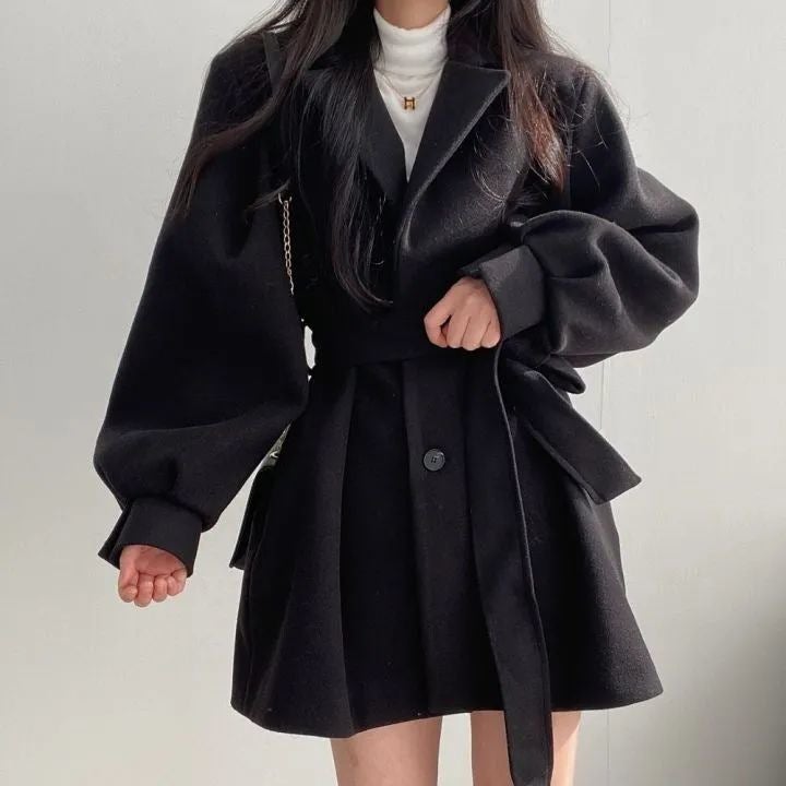 Korean Style Strap Elegant Small Men'S Dress Collar Hepburn Style Mid-Length Woolen Women'S Coat Coat Women - Image 4
