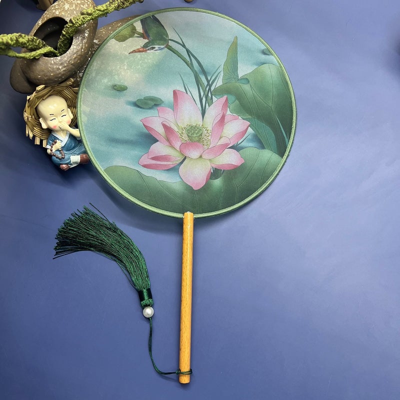 Vintage Chinese Style Dance Fans with Tassel Green lotus [print] 