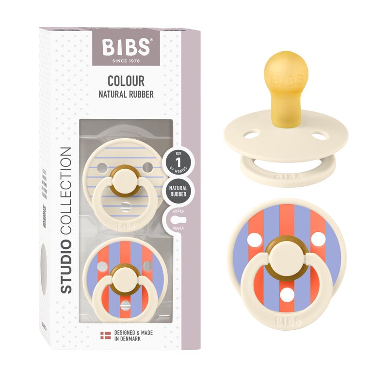 BIBS Pacifiers - Studio 2 Pack | Round Nipple Baby Pacifier | BPA Free Natural Rubber Latex Soother | Made in Denmark | Size 0+ Months | Pin Ivory Hush - Image 1