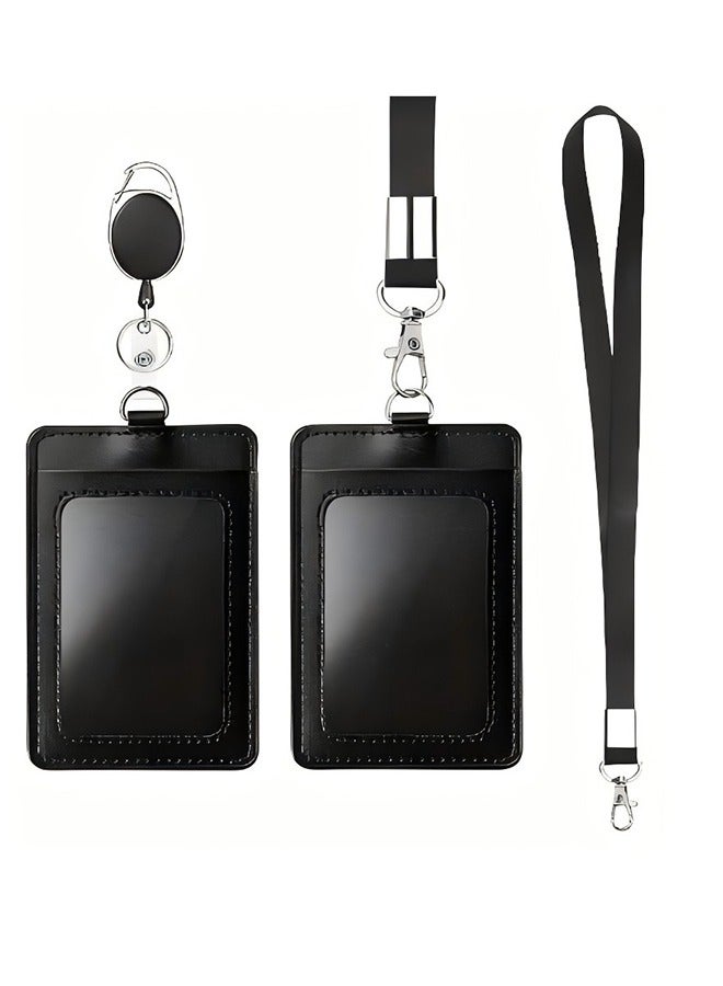 حامل شارة، حامل بطاقة هوية عمودي من الجلد الصناعي مع حزام رقبة قابل للفصل وبكرة شارة قابلة للسحب، مجموعة حامل بطاقة الهوية - Image 1