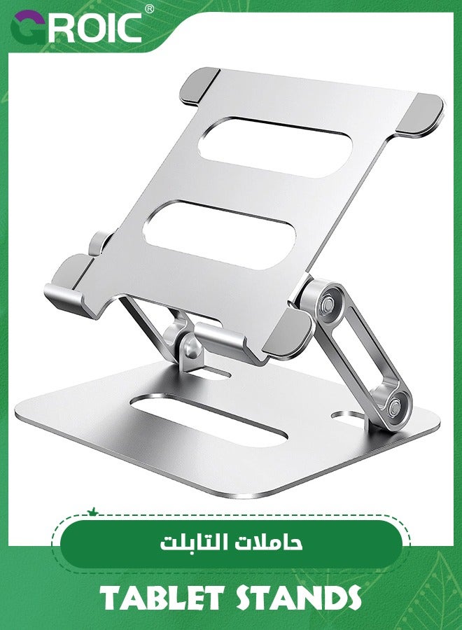 GROIC Silver Portable Tablet Stand Holder for Desk, Adjustable Foldable Aluminum iPad Desktop Stand Tablet Holder Stand Compatible with Tablet Such as iPad, Kindle, Nexus, Galaxy  - Image 1