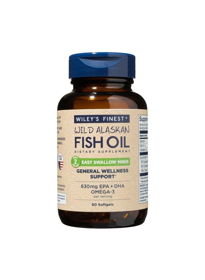 Wiley's Finest Wild Alaskan Fish Oil Easy Swallow Minis - Omega-3 Fish Oil Supplement for Adults and Kids - Double-Strength 630mg EPA and DHA Natural Supplement - 60 Mini Softgels (30 Servings) - Image 1
