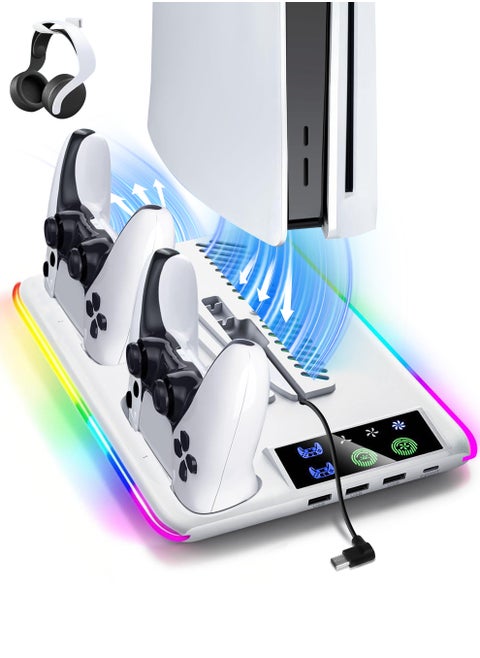 PS5 Stand and Cooling Station with Dual Controller Charging Station, Including Controller Charger, Cooling Fan, RGB LED and USB Hub (Fit for PS5/PS5 slim/PS5 Pro Version) White