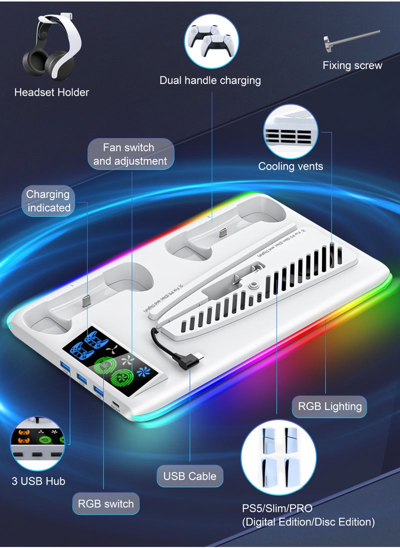 Xkimos - PS5 Stand and Cooling Station with Dual Controller Charging Station, Including Controller Charger, Cooling Fan, RGB LED and USB Hub (Fit for PS5/PS5 slim/PS5 Pro Version) White - Image 1