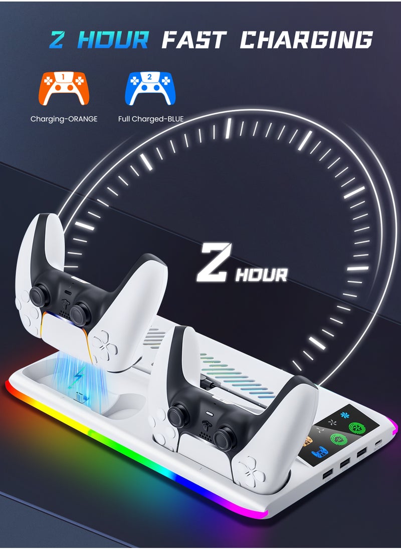 Xkimos - PS5 Stand and Cooling Station with Dual Controller Charging Station, Including Controller Charger, Cooling Fan, RGB LED and USB Hub (Fit for PS5/PS5 slim/PS5 Pro Version) White - Image 1