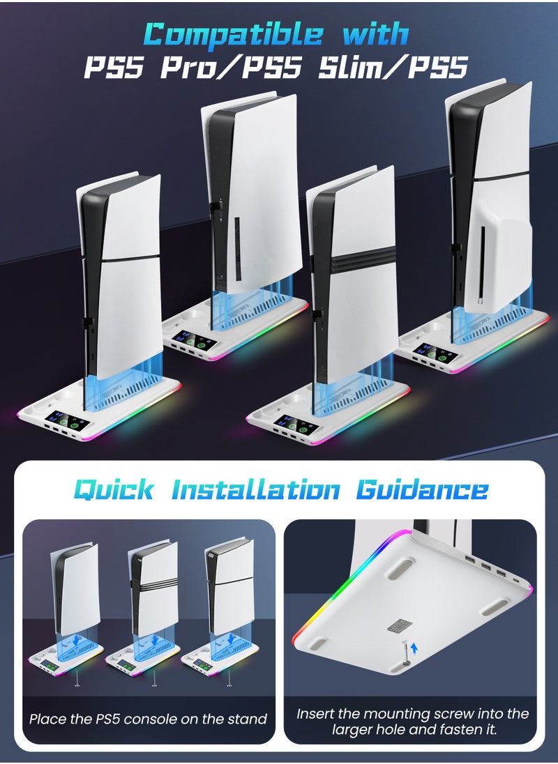 Xkimos - PS5 Stand and Cooling Station with Dual Controller Charging Station, Including Controller Charger, Cooling Fan, RGB LED and USB Hub (Fit for PS5/PS5 slim/PS5 Pro Version) White - Image 1