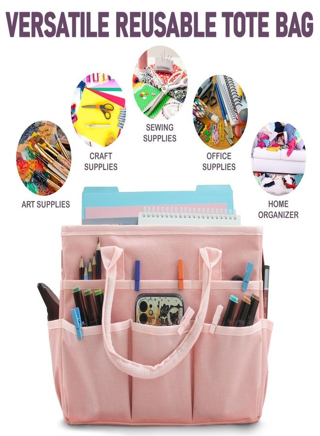 Cupohus Art Organizer Craft Storage Tote Bag with Pockets and Handles, Oxford Fabric Carrying Caddy for Teacher, Officer, Artist, Students, Traveler, and more -Pink - Image 2