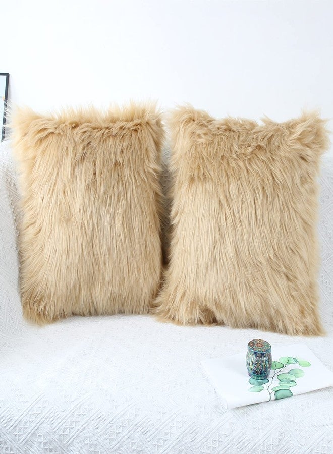 OYIMUA Fluffy Decorative Throw Pillow Covers Beige 18×18, Faux Fur Farmhouse Luxury Pillow Cases,Soft Plush Fuzzy Cushion Covers for Sofa Couch Living Room Bedroom Set of 2 - Image 2