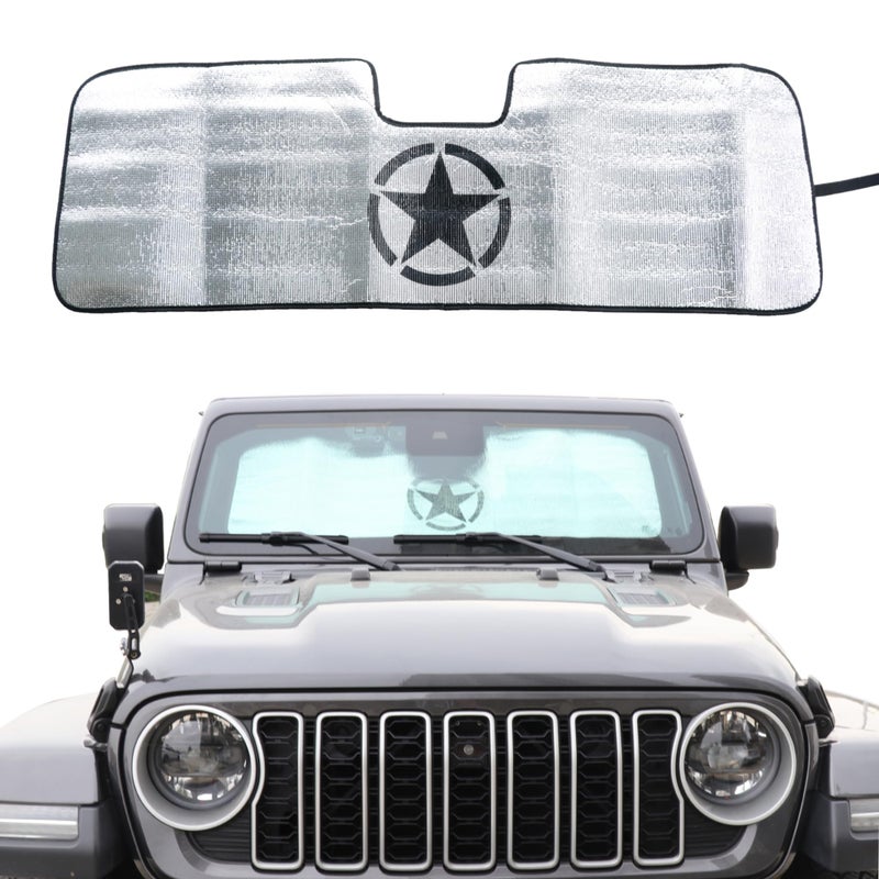 RERPRO Windshield Sun Shade Compatible with 2024 2025 Jeep Wrangler JL 24 Door 4XE Interior Accessories Foldable Windshield Sunshade Front Window UV Blackout Shades Sun Blocker Protector Cover Star