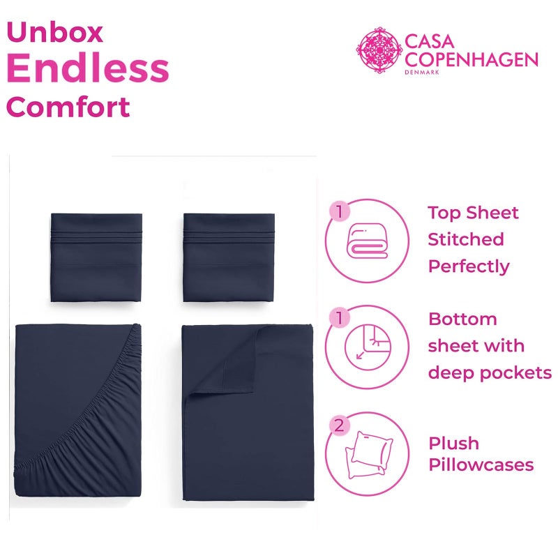CASA COPENHAGEN® Luxuria 5Pcs Splitking Sheet Set- Designed in Denmark, 100% AirCool Cotton Bed Sheets, Includes 1 Flat Sheet, 2 Deep Pocket Fitted Sheet & 2 Pillowcase Set of 5- Navy Blue - Image 2