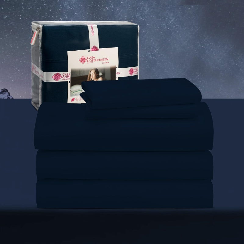CASA COPENHAGEN® Luxuria 5Pcs Splitking Sheet Set- Designed in Denmark, 100% AirCool Cotton Bed Sheets, Includes 1 Flat Sheet, 2 Deep Pocket Fitted Sheet & 2 Pillowcase Set of 5- Navy Blue - Image 1