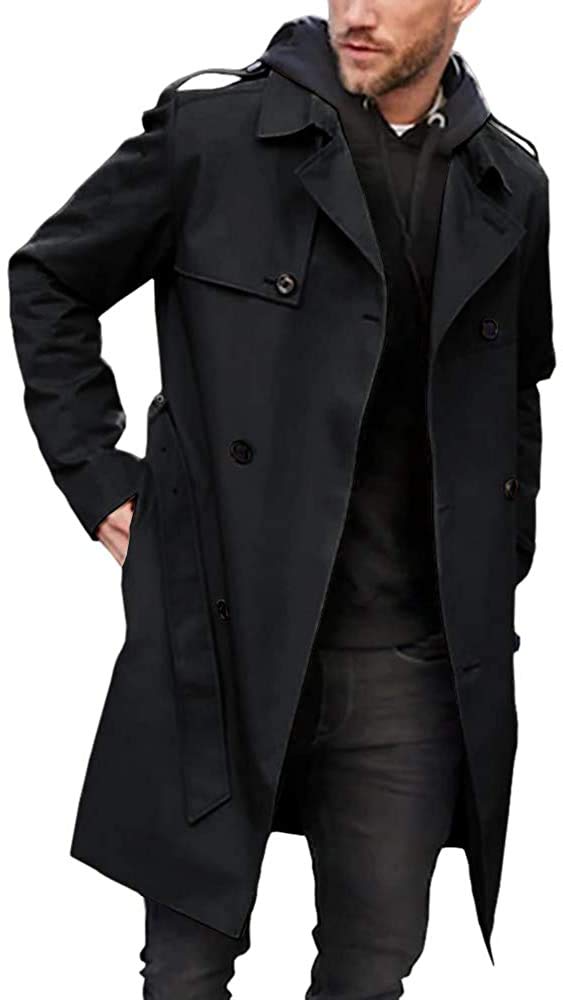 Gafeng Mens Trench Coat Slim fit Double Breasted Belted Windbreaker Lapel Long Jacket Casual Windproof Overcoat XXLarge
