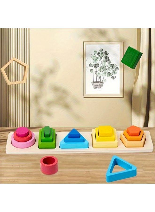 Gradient Five Sets Of Columns Wooden Sorting Stacking Toys Educational Preschool Gift - Image 2