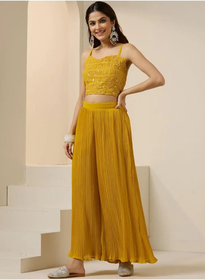 آي شين Yellow Women Yellow Georgette Co-ords with Embroidered pattern Tunic and Palazzo features a Round neckline and Three-Fourth Sleeve secured with Pull over closure and styled in Straight Fit ideal for Festive moments — perfect for fashion-forward occasions.