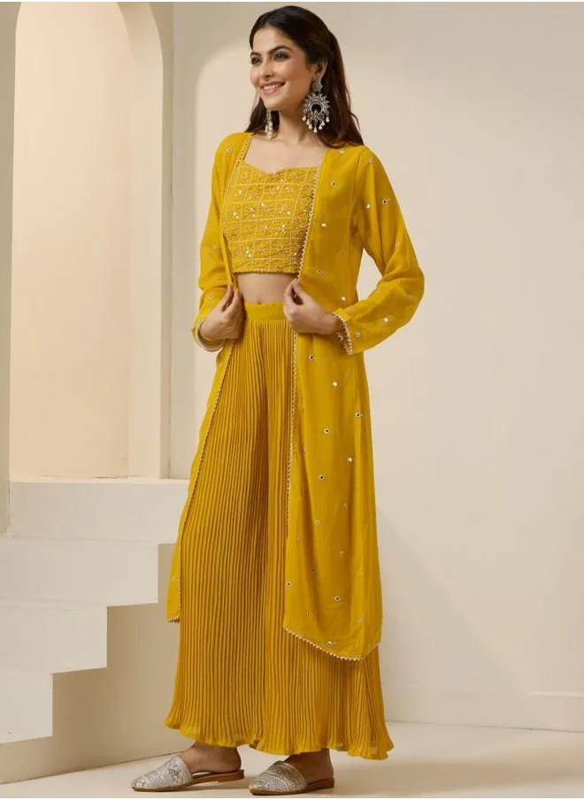 آي شين Yellow Women Yellow Georgette Co-ords with Embroidered pattern Tunic and Palazzo features a Round neckline and Three-Fourth Sleeve secured with Pull over closure and styled in Straight Fit ideal for Festive moments — perfect for fashion-forward occasions.
