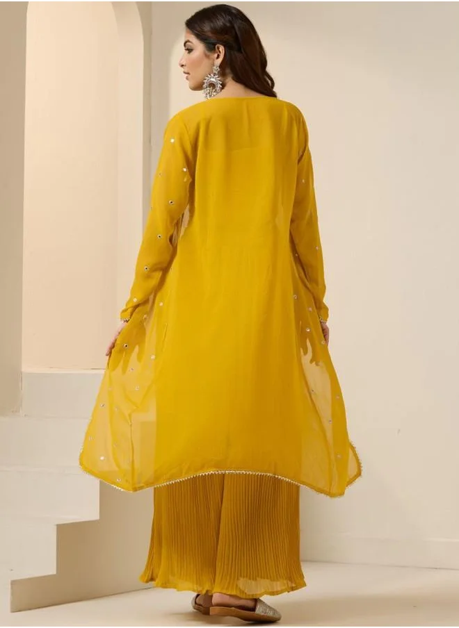 آي شين Yellow Women Yellow Georgette Co-ords with Embroidered pattern Tunic and Palazzo features a Round neckline and Three-Fourth Sleeve secured with Pull over closure and styled in Straight Fit ideal for Festive moments — perfect for fashion-forward occasions.